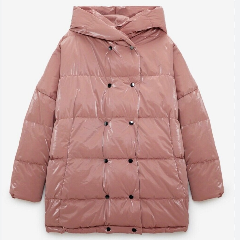 ZARA Oversized Hooded Puffer Jacket | Dusty Rose Pink | Size Medium